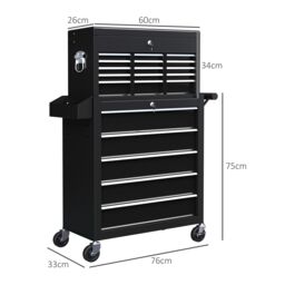 HOMCOM Rolling Tool Cabinet on Wheels with 14 Drawers, Pegboard & Side Rack, Lockable Top Tool Chest & Roller Cabinet Combo for Workshop & Hom - thumbnail 3