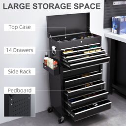 HOMCOM Rolling Tool Cabinet on Wheels with 14 Drawers, Pegboard & Side Rack, Lockable Top Tool Chest & Roller Cabinet Combo for Workshop & Hom - thumbnail 4
