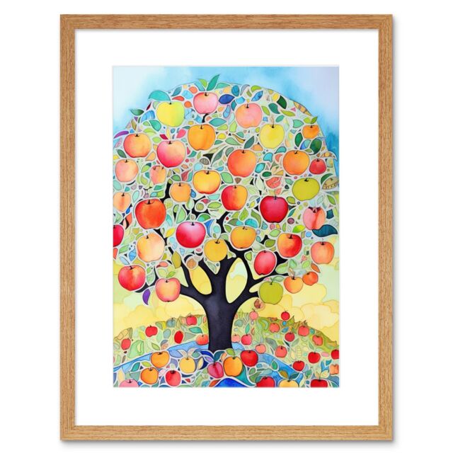 "Artery8 Wall Art Print Apple Tree Fruit Harvest Day Folk Art Bright Watercolour Painting Artwork Framed 9X7 Inch in Beige - Size: W7"" x H9""" - image 1