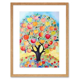 "Artery8 Wall Art Print Apple Tree Fruit Harvest Day Folk Art Bright Watercolour Painting Artwork Framed 9X7 Inch in Beige - Size: W7"" x H9""" - thumbnail 1