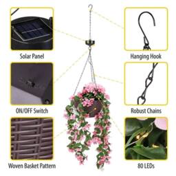 NESTLUNE Solar Powered Artificial Floral Hanging Basket in Pink - Size: 100 cm x 15 cm - thumbnail 5