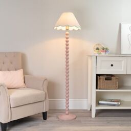ValueLights Bobbins Painted Rose Pink Floor Lamp with Tapered Natural Linen Scallop Shade in Pale Green