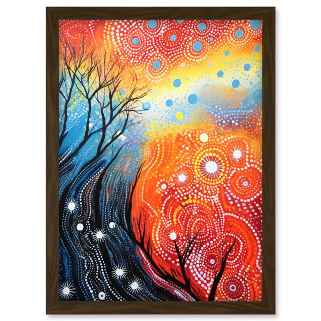 Artery8 Wall Art Print Contemporary Aboriginal Artwork in Blue & Orange Vibrant Abstract Forest Trees & Stars Artwork Framed A4 in Brown - image 1