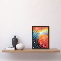 Artery8 Wall Art Print Contemporary Aboriginal Artwork in Blue & Orange Vibrant Abstract Forest Trees & Stars Artwork Framed A4 in Brown - thumbnail 2