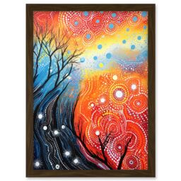 Artery8 Wall Art Print Contemporary Aboriginal Artwork in Blue & Orange Vibrant Abstract Forest Trees & Stars Artwork Framed A4 in Brown - thumbnail 1
