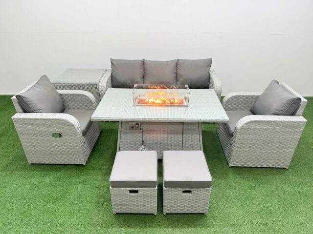 Fimous PE Rattan Garden Furniture Set Reclining Chair Sofa Lounge Sofa Set Firepit Dining Table Side Table 2 Small Stools Light Grey - image 1