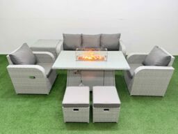 Fimous PE Rattan Garden Furniture Set Reclining Chair Sofa Lounge Sofa Set Firepit Dining Table Side Table 2 Small Stools Light Grey - thumbnail 1
