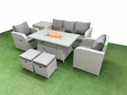 Fimous PE Rattan Garden Furniture Set Reclining Chair Sofa Lounge Sofa Set Firepit Dining Table Side Table 2 Small Stools Light Grey - thumbnail 2