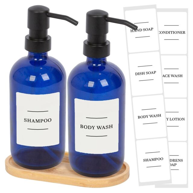 Harbour Housewares 2pc Glass Soap Dispenser Set with Bamboo Tray & Labels - 500ml - White in Blue - image 1