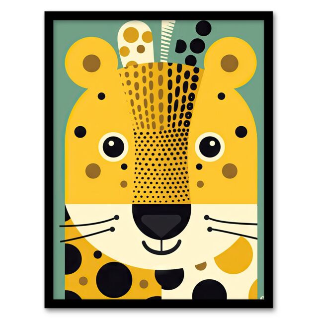 Artery8 Wall Art Print Cute Baby Cheetah Colourful Graphic Artwork Orange Teal Zoo Animal Geometric Shapes Kids Bedroom Painting Art Framed - image 1