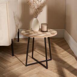 OHS Round Side Table Herringbone Living Room Home Console End Coffee Office Bedroom in Natural - thumbnail 2