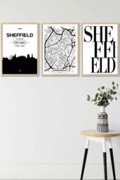 ARTZE SHEFFIELD Skyline Street Map City Prints Framed Wall Art - Medium in Light Oak - Size: W45 cm x H62 cm x D20mm