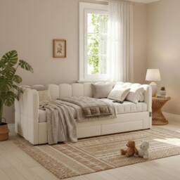 BTM Upholstered bed, daybed, sofa bed, with 2 drawers for storage in Light Beige - Size: Single - thumbnail 5
