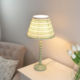 ValueLights Bobbins Sage Green Table Lamp with Tapered Fabric Pleasted Shade & LED Bulb in Pale Pink