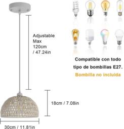 Goeco Hanging Light Rattan Boho Pendant Light, Adjustable Chandelier, E27 in White - thumbnail 5