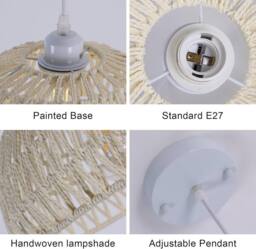 Goeco Hanging Light Rattan Boho Pendant Light, Adjustable Chandelier, E27 in White - thumbnail 6