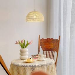 Goeco Hanging Light Rattan Boho Pendant Light, Adjustable Chandelier, E27 in White - thumbnail 2