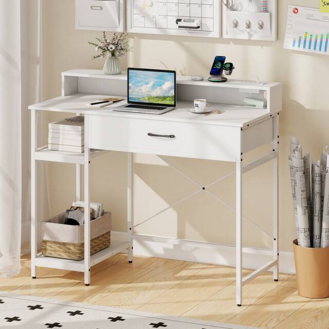 Costway Wooden Computer Desk Office Writing Desk Workstation w/ Power Outlets in White - image 1