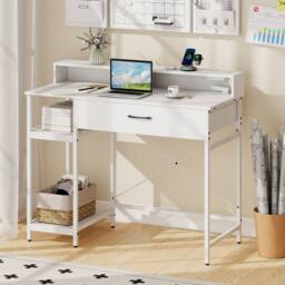 Costway Wooden Computer Desk Office Writing Desk Workstation w/ Power Outlets in White