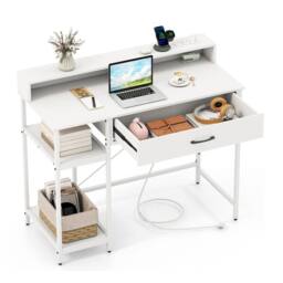 Costway Wooden Computer Desk Office Writing Desk Workstation w/ Power Outlets in White - thumbnail 3