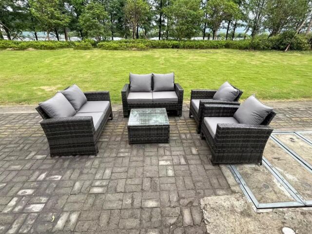 Fimous 6 Seater High Back Rattan Sofa Set Square Coffee Table Garden Furniture Patio With Love Sofa Arm Chairs in Dark Grey