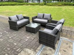 Fimous 6 Seater High Back Rattan Sofa Set Square Coffee Table Garden Furniture Patio With Love Sofa Arm Chairs in Dark Grey - thumbnail 2