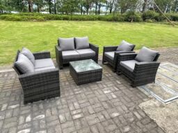 Fimous 6 Seater High Back Rattan Sofa Set Square Coffee Table Garden Furniture Patio With Love Sofa Arm Chairs in Dark Grey - thumbnail 3