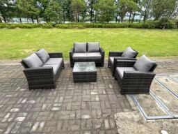 Fimous 6 Seater High Back Rattan Sofa Set Square Coffee Table Garden Furniture Patio With Love Sofa Arm Chairs in Dark Grey - thumbnail 1