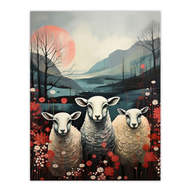 "Artery8 Wall Art Print Three Sheep Pink Blue Floral Scottish Landscape Poster Picture - Size: W18"" x H24""" - image 1