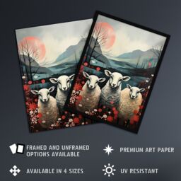 "Artery8 Wall Art Print Three Sheep Pink Blue Floral Scottish Landscape Poster Picture - Size: W18"" x H24""" - thumbnail 2