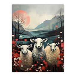 "Artery8 Wall Art Print Three Sheep Pink Blue Floral Scottish Landscape Poster Picture - Size: W18"" x H24""" - thumbnail 1