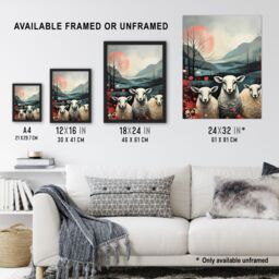 "Artery8 Wall Art Print Three Sheep Pink Blue Floral Scottish Landscape Poster Picture - Size: W18"" x H24""" - thumbnail 3