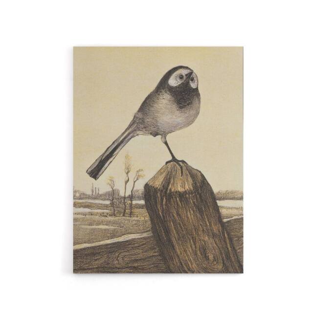 "Artery8 Wagtail Bird Perched on Pole Canvas Wall Art Print van Hoytema in Brown - Size: W18"" x H24""" - image 1