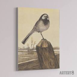 "Artery8 Wagtail Bird Perched on Pole Canvas Wall Art Print van Hoytema in Brown - Size: W18"" x H24""" - thumbnail 2