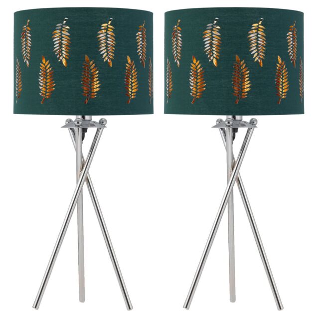First Choice Lighting Set of 2 Tripod Table Lamps with Dark Green Fern Cut Out Shades in Silver - image 1