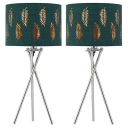 First Choice Lighting Set of 2 Tripod Table Lamps with Dark Green Fern Cut Out Shades in Silver - thumbnail 1