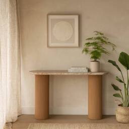Wyld Haus Boston Natural Oak & Brown Marble Pedestal Console Table - thumbnail 2