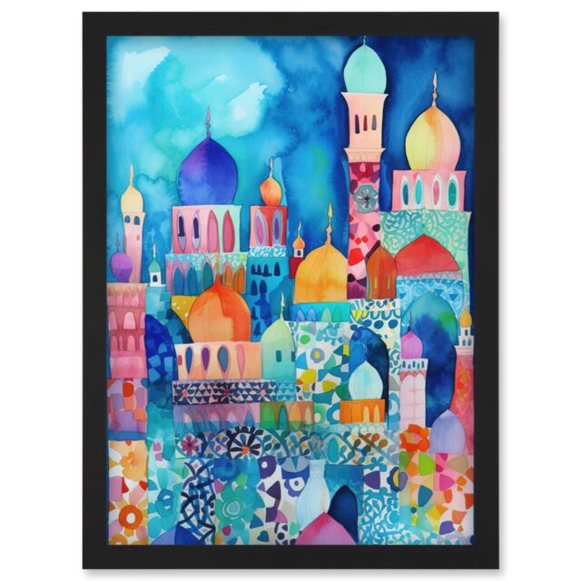 Artery8 Morocco Cityscape Moonlight Folk Art Artwork Framed Wall Art Print A4 in Black - image 1