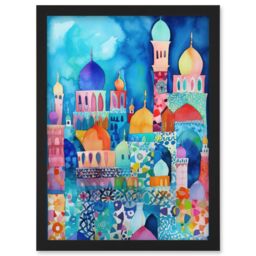 Artery8 Morocco Cityscape Moonlight Folk Art Artwork Framed Wall Art Print A4 in Black - thumbnail 1