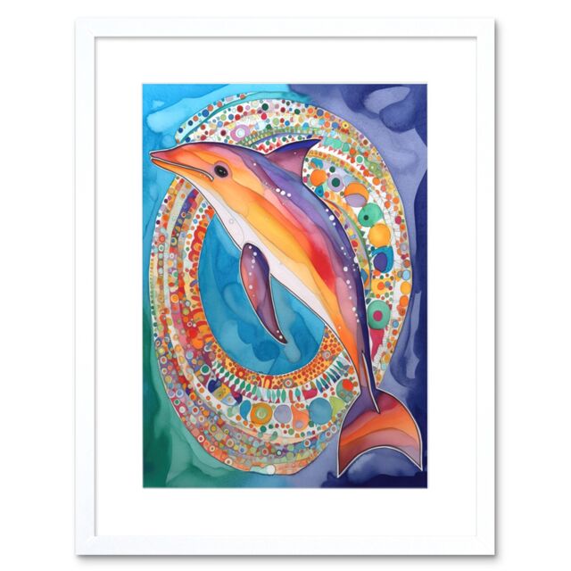"Artery8 Wall Art Print Rainbow Dolphin & Pattern Hoop Folk Art Watercolour Painting Artwork Framed 9X7 Inch in White - Size: W7"" x H9""" - image 1