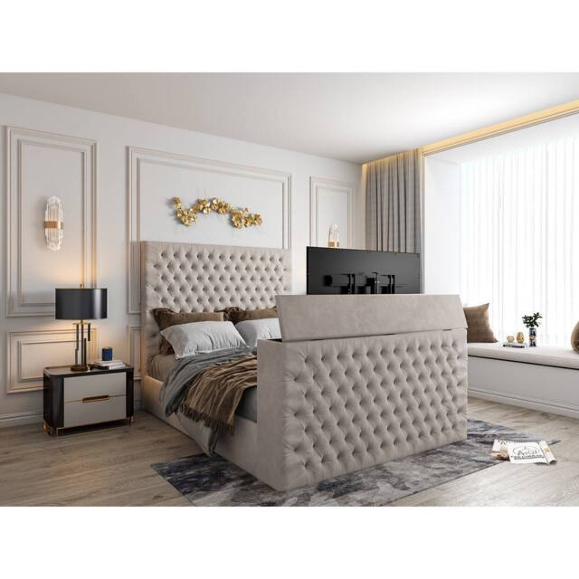 KDMD Capella Upholstered Soft Velvet Pebble TV Bed Frame in Light Sand - Size: Single - image 1