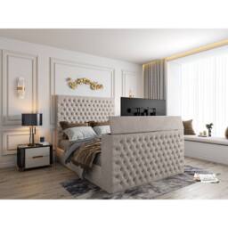 KDMD Capella Upholstered Soft Velvet Pebble TV Bed Frame in Light Sand - Size: Single - thumbnail 1