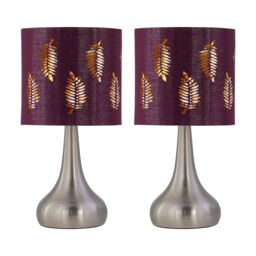 First Choice Lighting Set of 2 Romana - Brushed Chrome Touch Table Lamps with Burgundy Shade in Silver - thumbnail 1