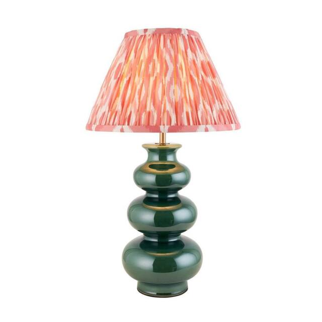 Netlighting Monroe Gloss Green Glaze Table Lamp Pink Fabric Ikat Shade 30cm B22 - image 1
