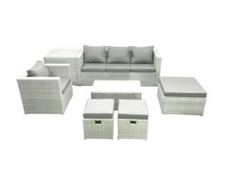 Fimous 7 Pieces Rattan Garden Furniture Set Outdoor Garden Sofa Chair Coffee Table Set with Side Table 3 Footstools Light Grey Mixed - thumbnail 2