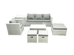 Fimous 7 Pieces Rattan Garden Furniture Set Outdoor Garden Sofa Chair Coffee Table Set with Side Table 3 Footstools Light Grey Mixed - thumbnail 1
