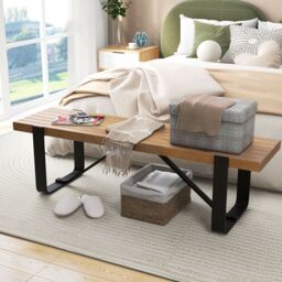 Costway Entryway Bench 152cm Long Hallway Bench Bedroom Wooden Shoe Rack Dining Bench in Natural - thumbnail 6