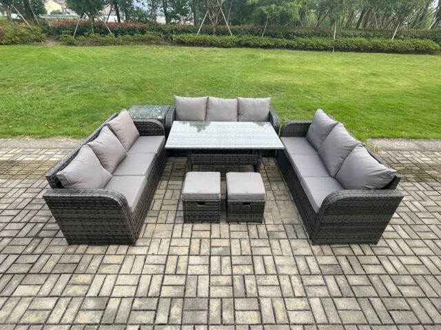 Fimous Patio Rattan Garden Furniture Set with Oblong Rectangular Dining Table 2 Small Footstools Side Table 11 Seater Outdoor Lounge Sofa Set - image 1