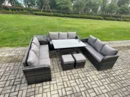Fimous Patio Rattan Garden Furniture Set with Oblong Rectangular Dining Table 2 Small Footstools Side Table 11 Seater Outdoor Lounge Sofa Set - thumbnail 2