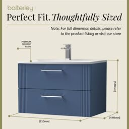 Balterley Wall Hung 2 Drawers Vanity Unit - Curved Basin 800mm, Satin Blue - thumbnail 5